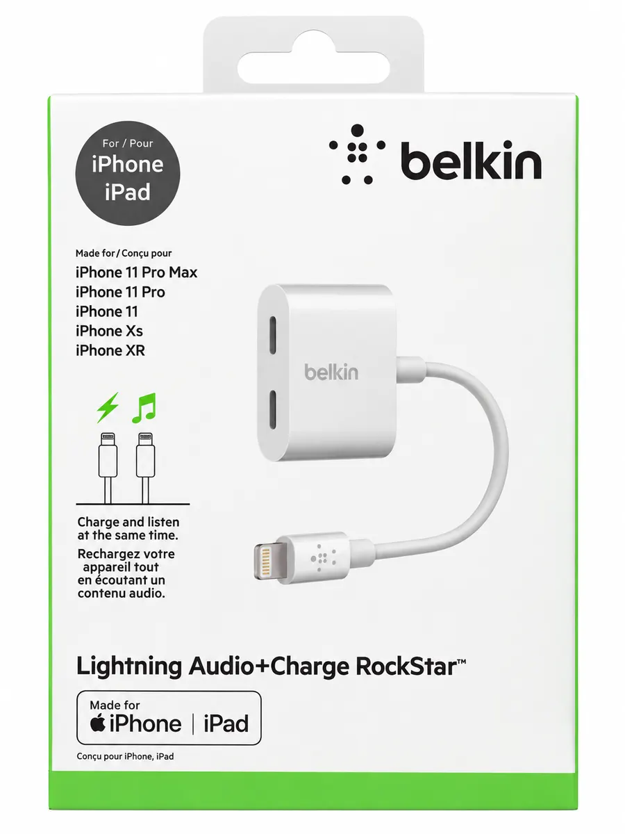 Adaptor Belkin Lightning Audio + Charge RockStar, Încărcare + Audio pentru iPhone/iPad, Alb